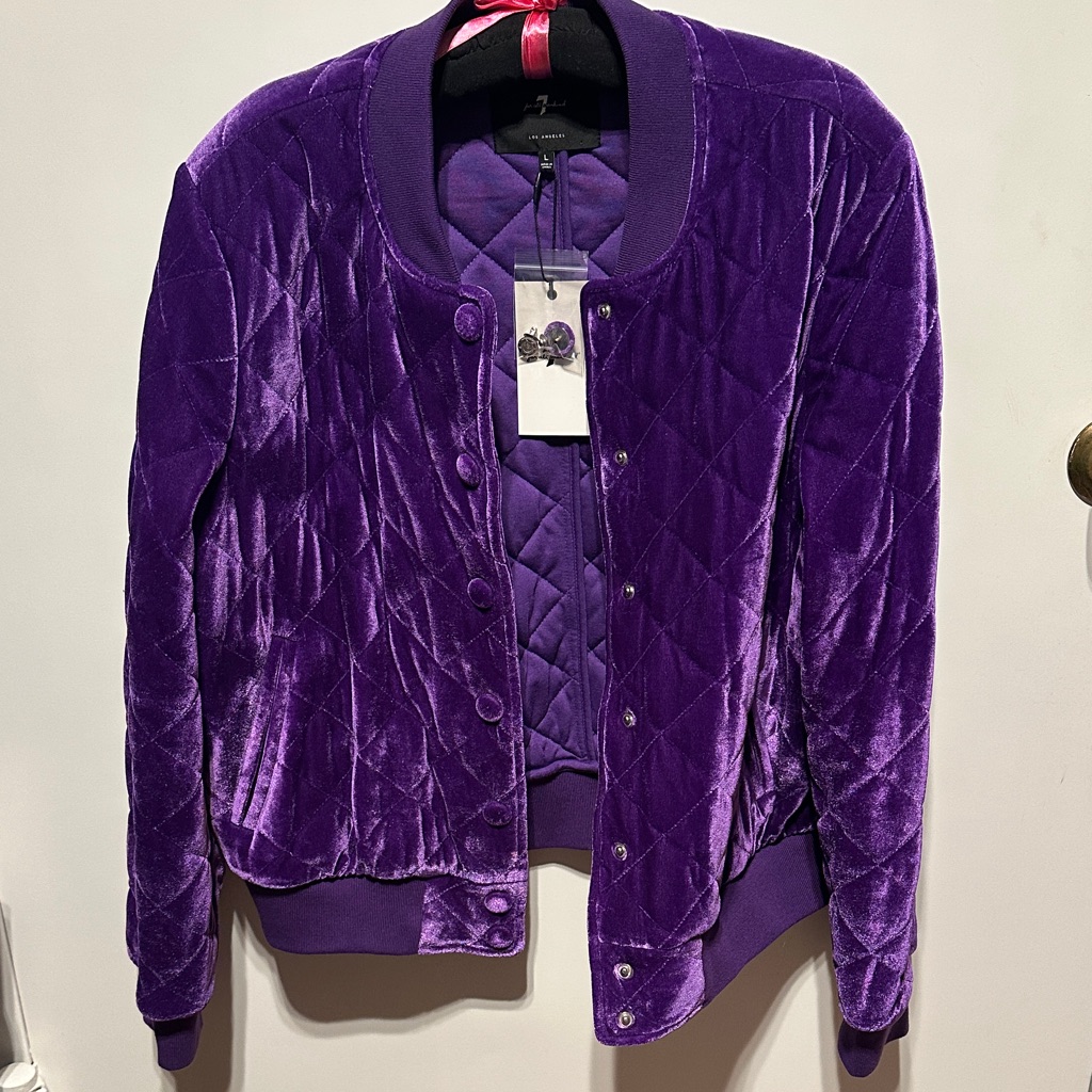 Nwt 7 For All Mankind Women Buttoned Purple Quilted Velvet Bomber Jacket Sz L